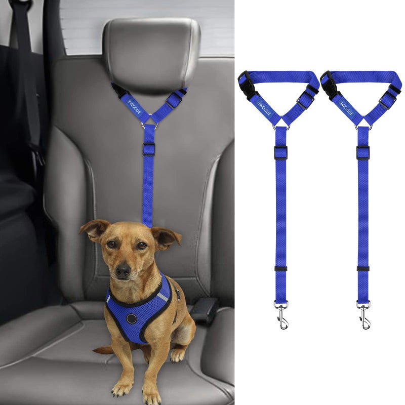 BWOGUE 2 Packs Dog Cat Safety Seat Belt Strap Car Headrest Restraint Adjustable Nylon Fabric Dog Restraints Vehicle Seatbelts Harness Dark Blue - Image 1